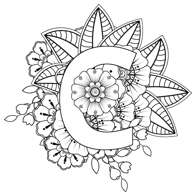 Letra C con adornos decorativos de flores Mehndi en estilo étnico oriental página de libro para colorear