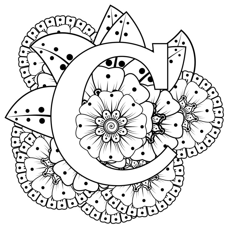 Vector letra c con adornos decorativos de flores mehndi en estilo étnico oriental página de libro para colorear