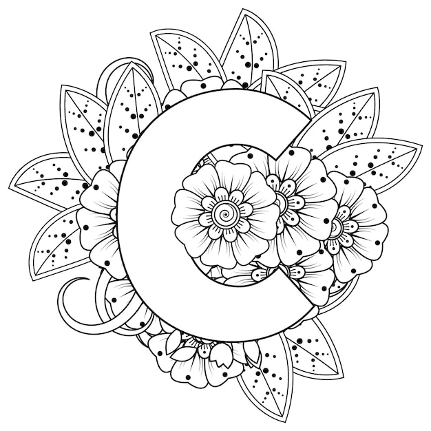 Vector letra c con adornos decorativos de flores mehndi en estilo étnico oriental página de libro para colorear