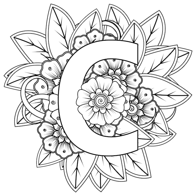 Letra C con adornos decorativos de flores Mehndi en estilo étnico oriental página de libro para colorear
