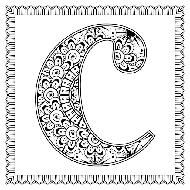 Letra C hecha de flores en estilo mehndi para colorear ilustración de vector de handdraw de contorno de página de libro
