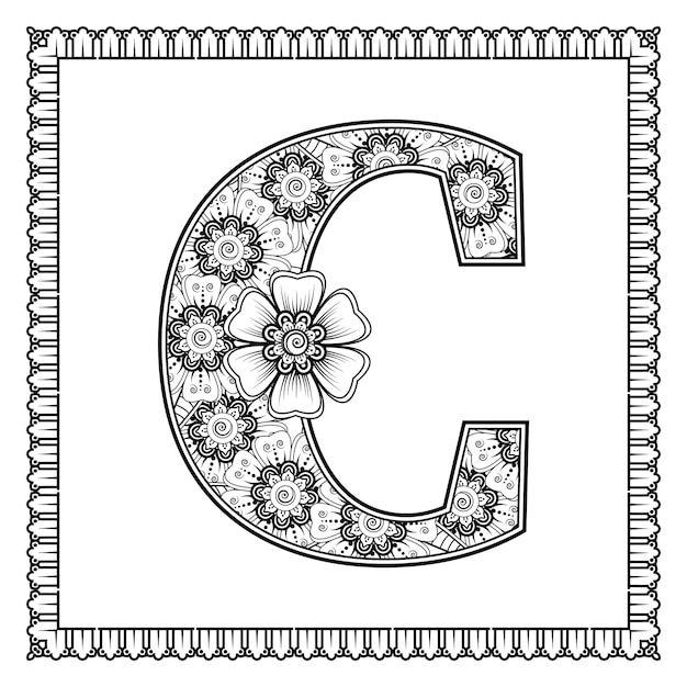 Letra c hecha de flores en estilo mehndi para colorear ilustración de vector de handdraw de contorno de página de libro