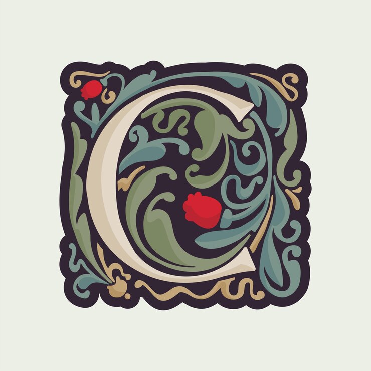 Vector letra c inicial iluminada con adorno de hojas curvas y tulipanes fantasía medieval de color tenue capitular