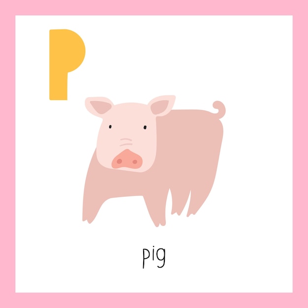 La letra de cerdo p alfabeto inglés para niños ilustración vectorial.