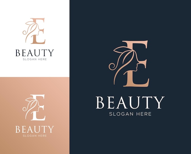 Letra combinada E con ilustración de vector de diseño de logotipo de elementos de belleza de mujer