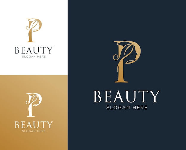 Letra combinada P con ilustración de vector de diseño de logotipo de elementos de belleza de mujer