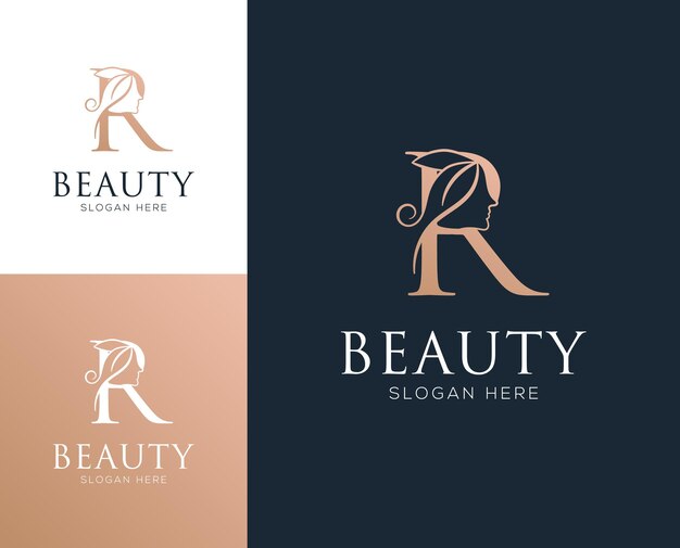 Letra combinada R con ilustración de vector de diseño de logotipo de elementos de belleza de mujer