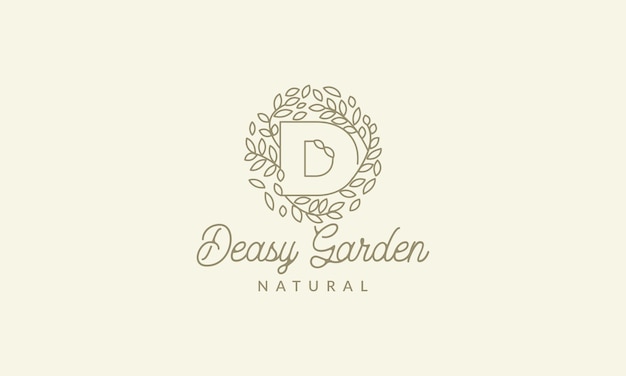 Letra d con adorno de planta de hoja en círculo de lujo vintage logo vector icono ilustración diseño