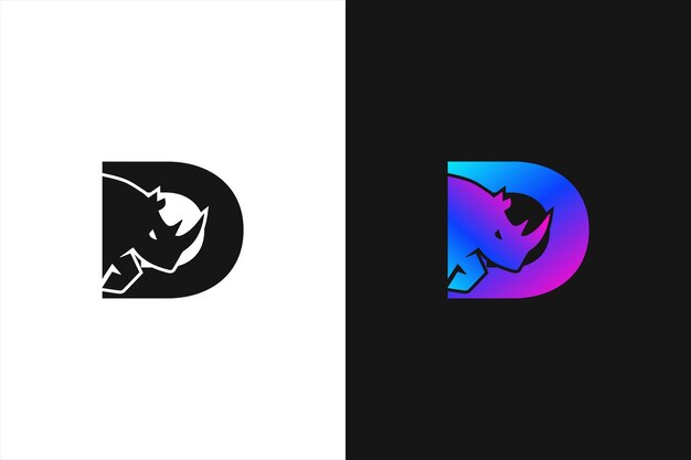 Letra D Combinación de logotipo de rinoceronte Letra D y vector de plantilla de logotipo de diseño plano de rinoceronte