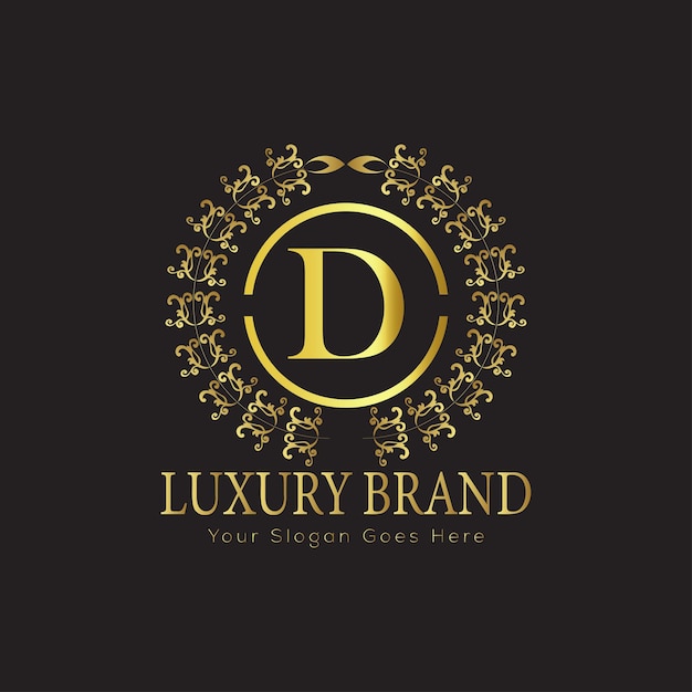 La letra D, concepto de logotipo de oro de lujo, diseño del logotipo de la marca con un emblema de corona de oro real y un elegante tipógrafo