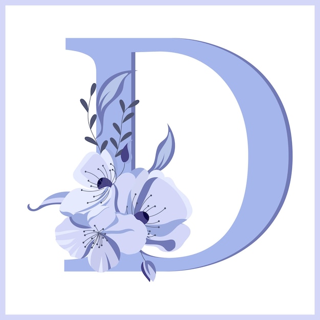 Letra D decorada con flores y hojas Icono de ilustración de delicados colores lilas