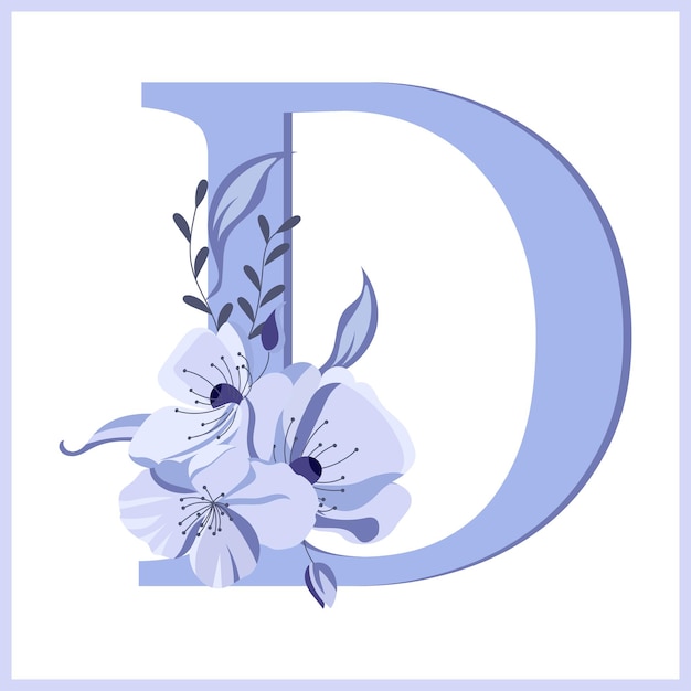 Vector letra d decorada con flores y hojas icono de ilustración de delicados colores lilas