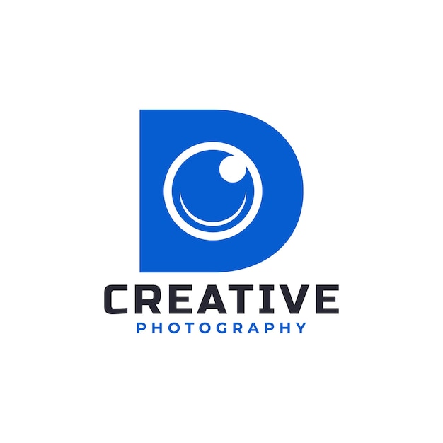 Letra D con diseño de logotipo de lente de cámara Marca de letra creativa adecuada para la identidad de marca de la empresa