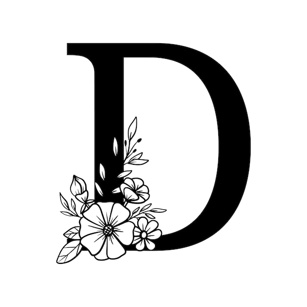 Vector letra d floral decorativa alfabeto con ornamento de flores y hojas