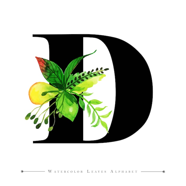 Letra D con fondo de hojas de acuarela