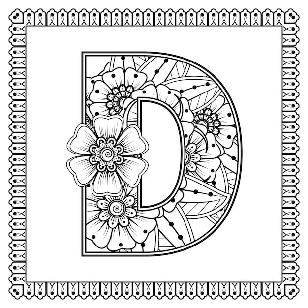 Letra D hecha de flores en estilo mehndi para colorear ilustración de vector de handdraw de contorno de página de libro