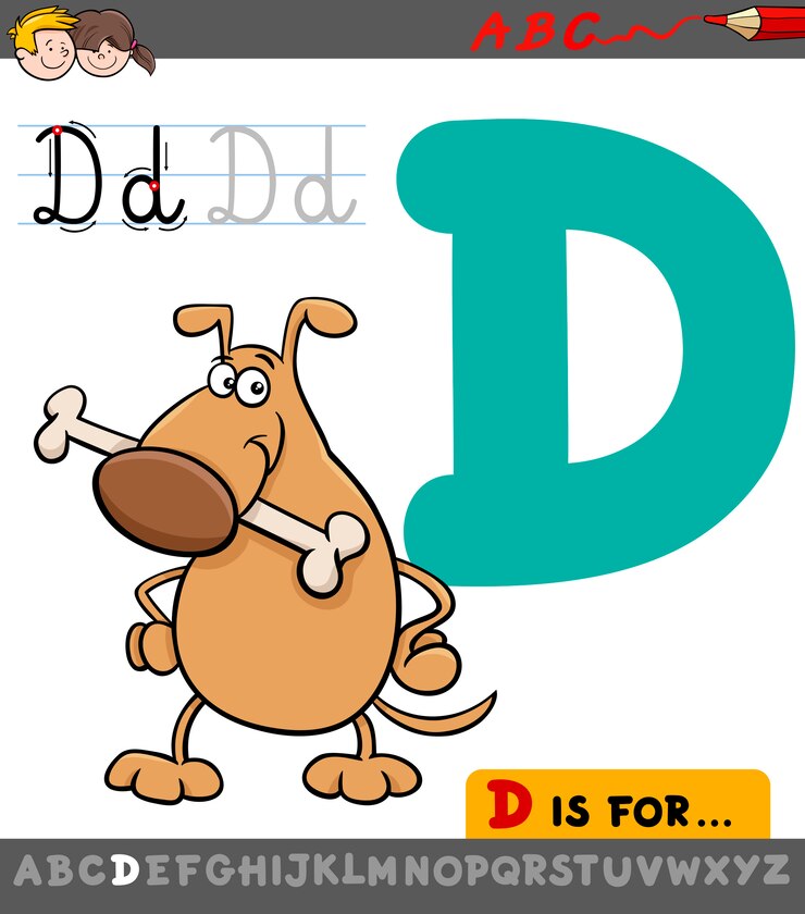 Vector letra d con perro de dibujos animados