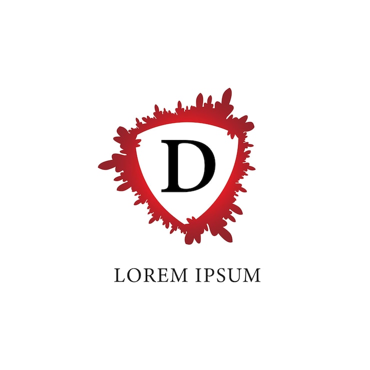 Vector letra d plantilla de diseño de logotipo de alfabeto salpicadura de sangre con forma de escudo en el medio concepto inicial de logotipo de abjad aislado sobre fondo blanco seguro protección horror seguridad