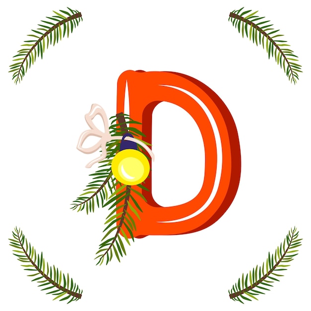 Vector letra d roja con rama de árbol de navidad verde, bola con lazo. fuente festiva para feliz año nuevo y alfabeto brillante