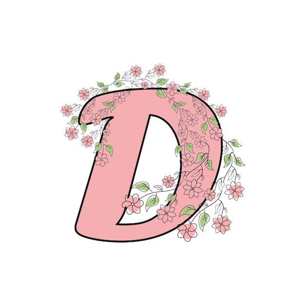 Vector letra d rosa con estampado de flores.