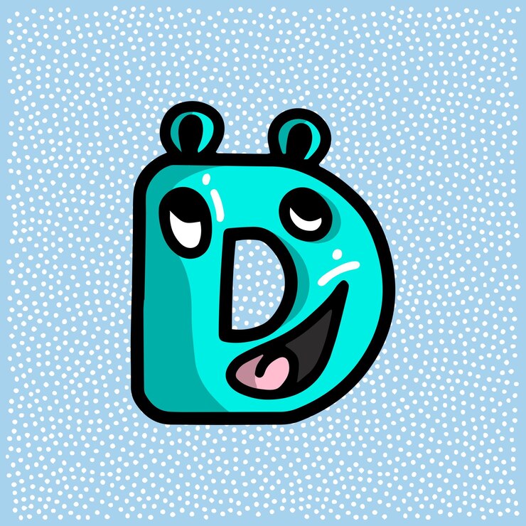Vector letra divertida azul turquesa d en forma de monstruo con cara y lengua alegre juguetona y sorprendida con sombra y garabatos destacados