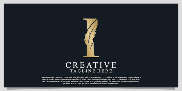 Letra dorada i con diseño de logotipo de combinación de plumas único Vector Premium