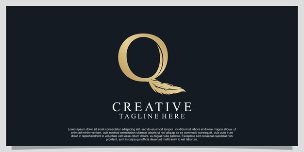 Letra dorada q con diseño de logotipo de combinación de plumas único Vector Premium