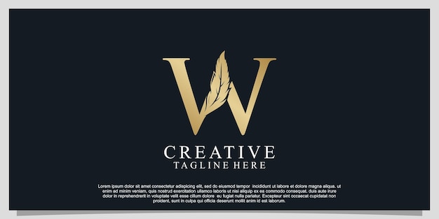 Letra dorada W con diseño de logotipo de combinación de plumas único Vector Premium