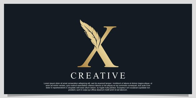 Letra dorada x con diseño de logotipo de combinación de plumas único Vector Premium
