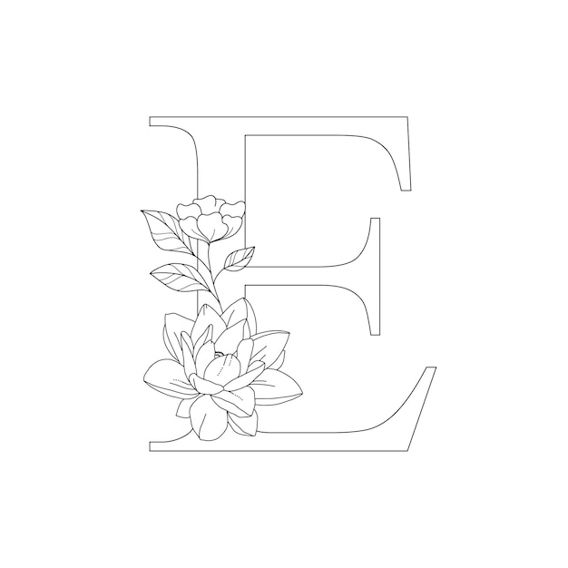 Vector la letra e del alfabeto floral con flores y hojas dibujadas a mano para la tarjeta de felicitación de la invitación de boda