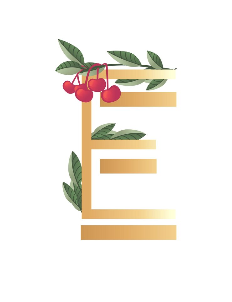 Vector letra e con color beige de estilo degradado cubierto con hojas verdes y bayas rojas fuente ecológica ilustración vectorial plana aislada sobre fondo blanco