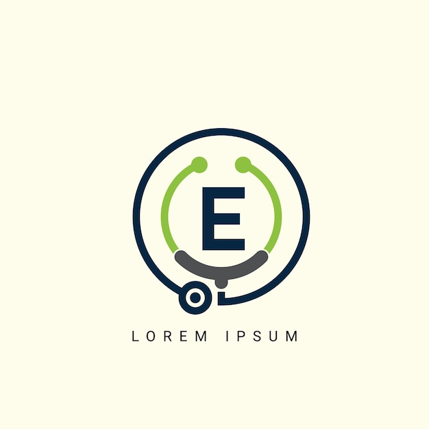 La letra E con el estetoscopio Logotipo Símbolo de signo de concepto Diseño Logotipo de atención médica