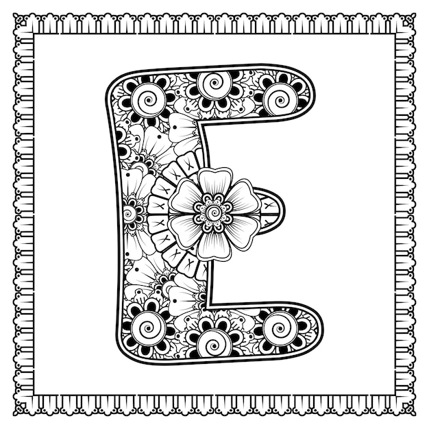 Letra e hecha de flores en estilo mehndi para colorear ilustración de vector de handdraw de contorno de página de libro