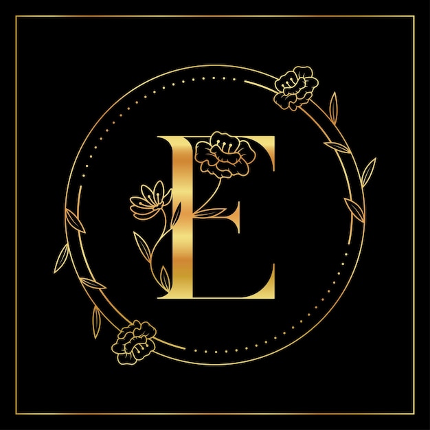 Letra E Lujo floral dorado y logotipo elegante