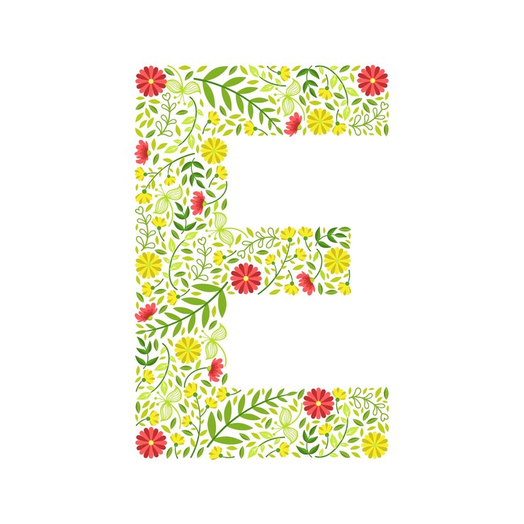 Vector letra e mayúscula elemento del alfabeto floral verde letra en mayúsculas hecha de hojas y flores ilustración vectorial de patrón