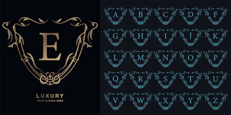 Vector letra e o alfabeto inicial de colección con plantilla de logotipo dorado de marco floral de adorno de lujo.