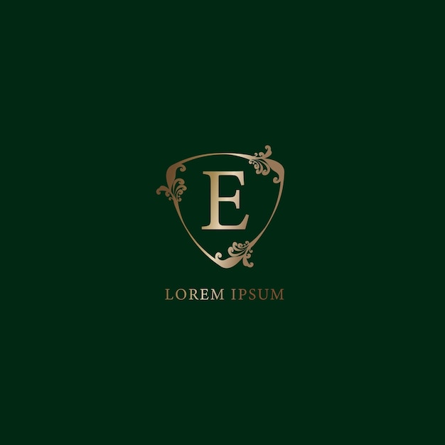 Letra E Plantilla de diseño de logotipo alfabético Ilustración de signo de escudo floral decorativo de oro de lujo Concepto de logotipo de seguro aislado sobre fondo verde oscuro