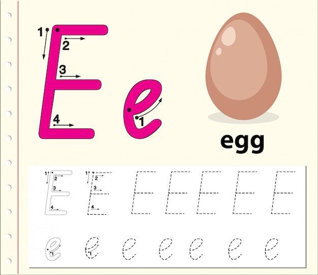 Letra e trazando hojas de ejercicios del abecedario