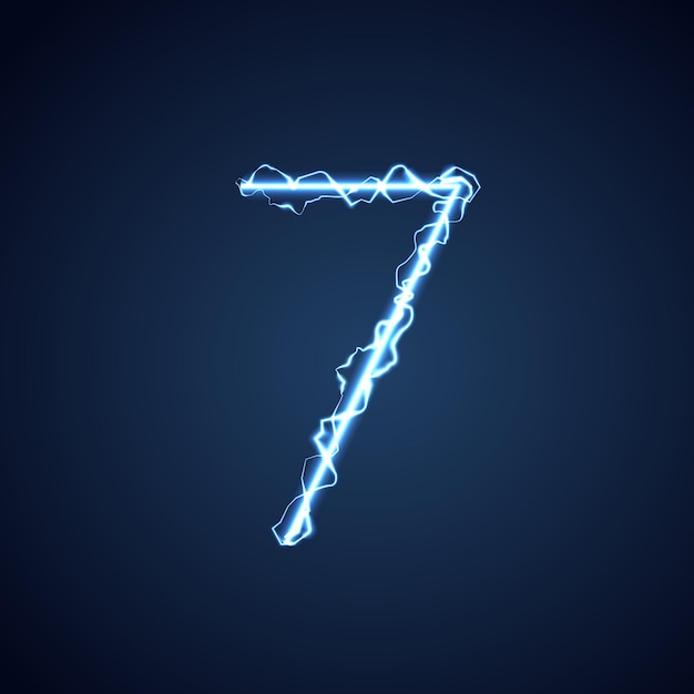 Letra de estilo de relámpago azul o relámpago del alfabeto 7 y relámpago o efecto de brillo y brillo de fuente eléctrica en el diseño de vector de fondo azul