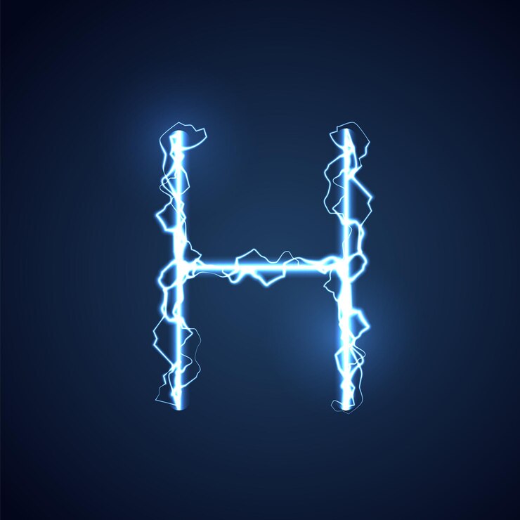 Vector letra de estilo de relámpago azul o relámpago del alfabeto h y relámpago o efecto de brillo y chispa de fuente eléctrica en el diseño de vector de fondo azul