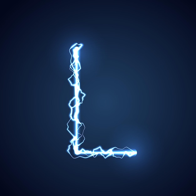Letra de estilo de relámpago azul o relámpago del alfabeto L y relámpago o efecto de brillo y brillo de fuente eléctrica en el diseño de vector de fondo azul