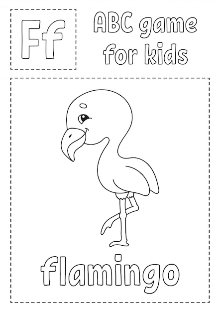 La letra F es para flamenco. Juego de ABC para niños. Página para colorear alfabeto. Personaje animado.