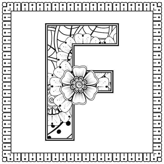 Letra F hecha de flores en estilo mehndi para colorear ilustración de vector de handdraw de contorno de página de libro