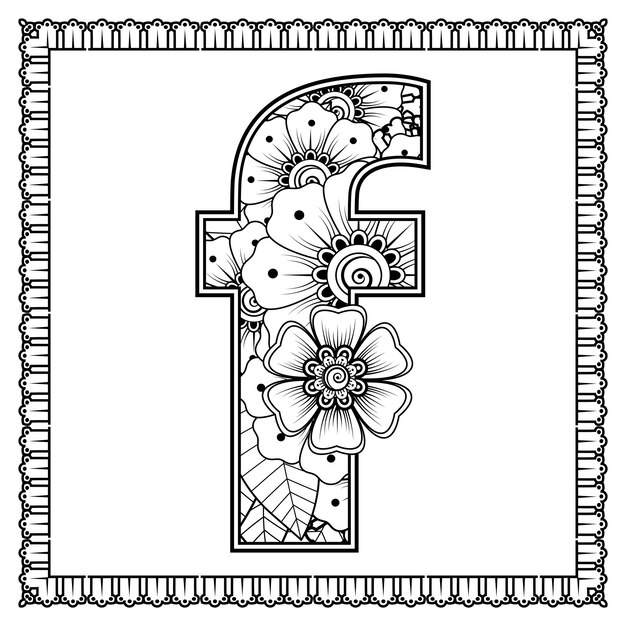 Letra F hecha de flores en estilo mehndi para colorear ilustración de vector de handdraw de contorno de página de libro