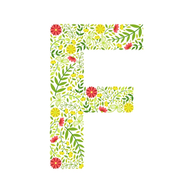 Letra F mayúscula Elemento del alfabeto floral verde Letra en mayúsculas Hecha de hojas y flores Ilustración vectorial de patrón