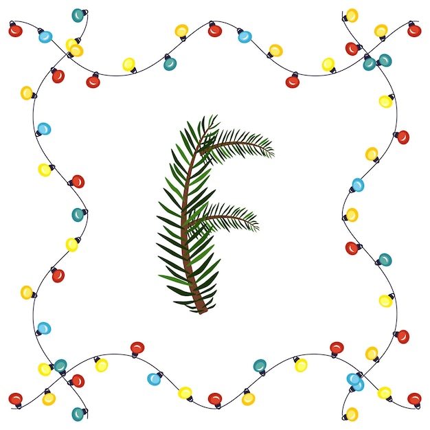 Letra f de ramas de árboles de navidad verdes. fuente festiva y marco de garland, símbolo de feliz año nuevo y navidad, signo del alfabeto