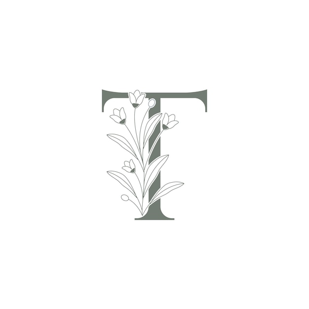 letra floral T fuente floral decoración alfabeto botánico vector de diseño de logotipo