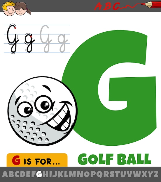 La letra G del alfabeto con el personaje de la pelota de golf de dibujos animados