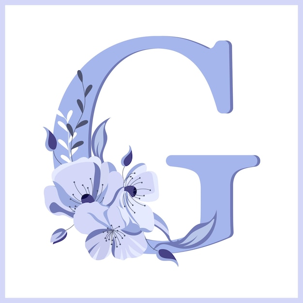 Letra G decorada con flores y hojas Icono de ilustración de delicados colores lilas