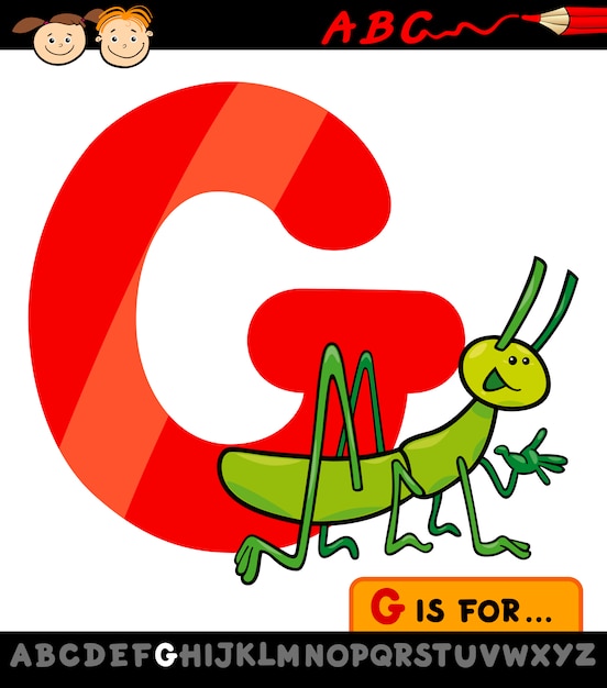letra g con ilustración de dibujos animados de saltamontes